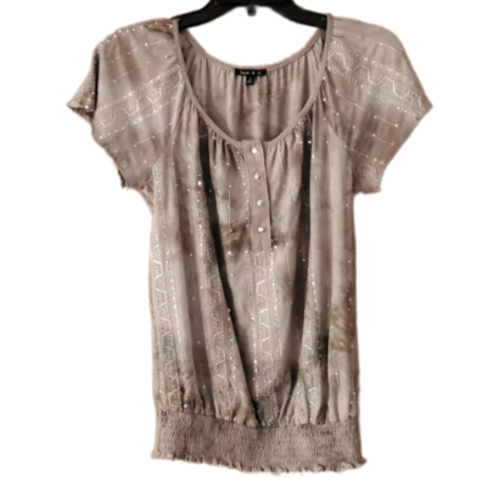 Sami & Jo Womans Tan Tie Dye Short Sleeve Sequin Top Size Small